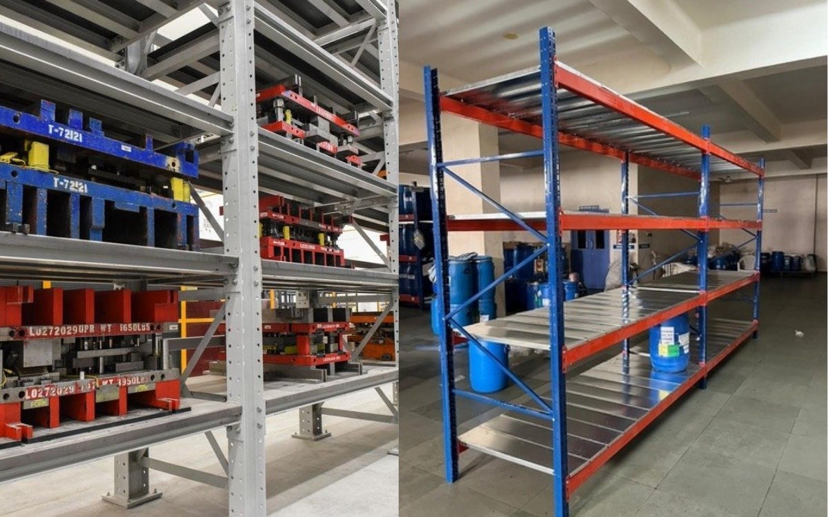 Boltless shelving with labeled bins for electronic components and small-parts picking