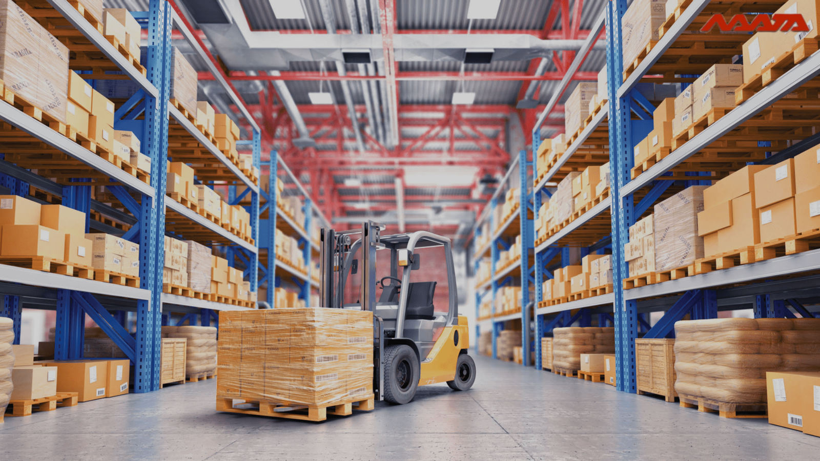 Forklift transporting a pallet through a warehouse racking aisle