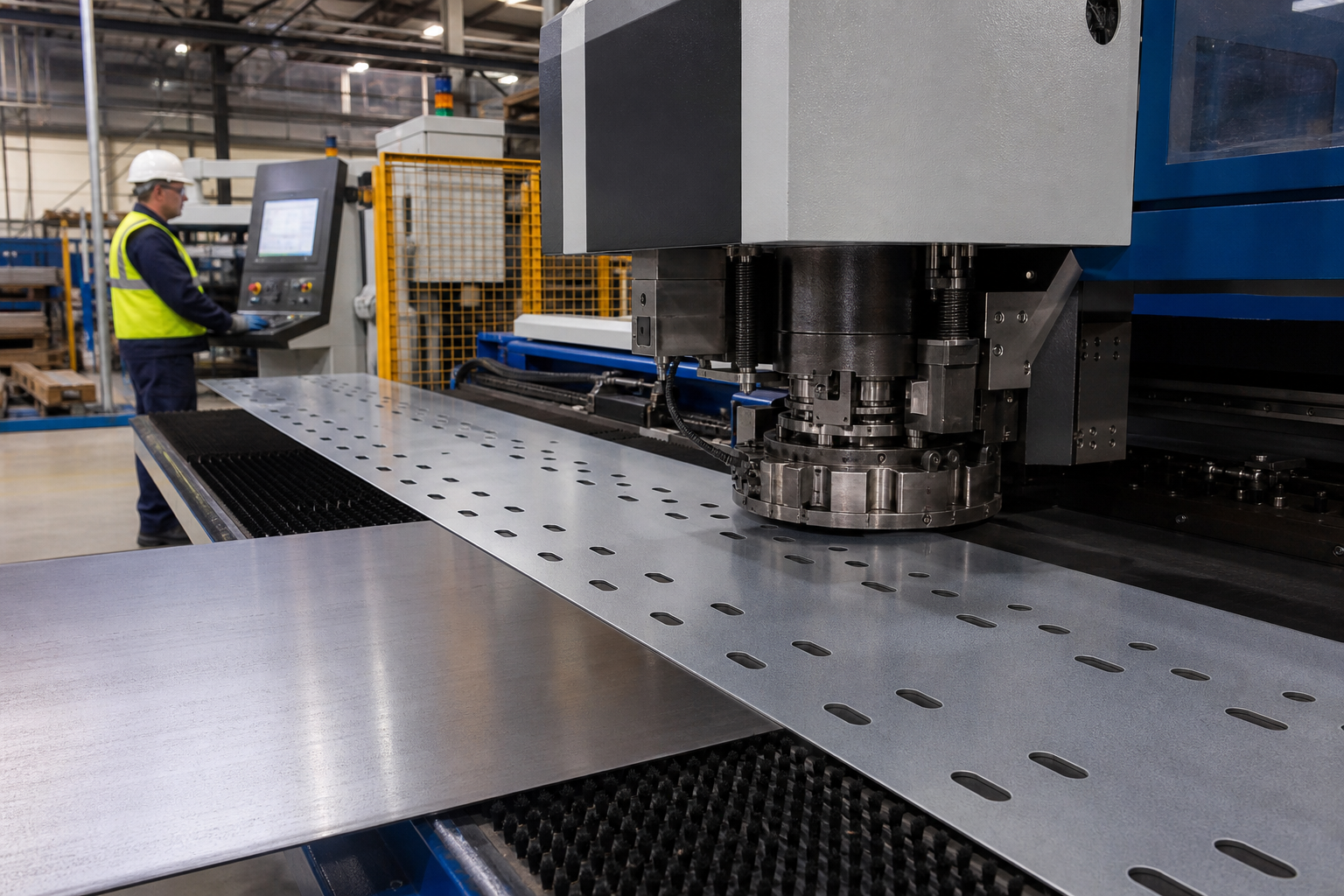 CNC turret punch creating holes and slots in flat steel for pallet rack uprights