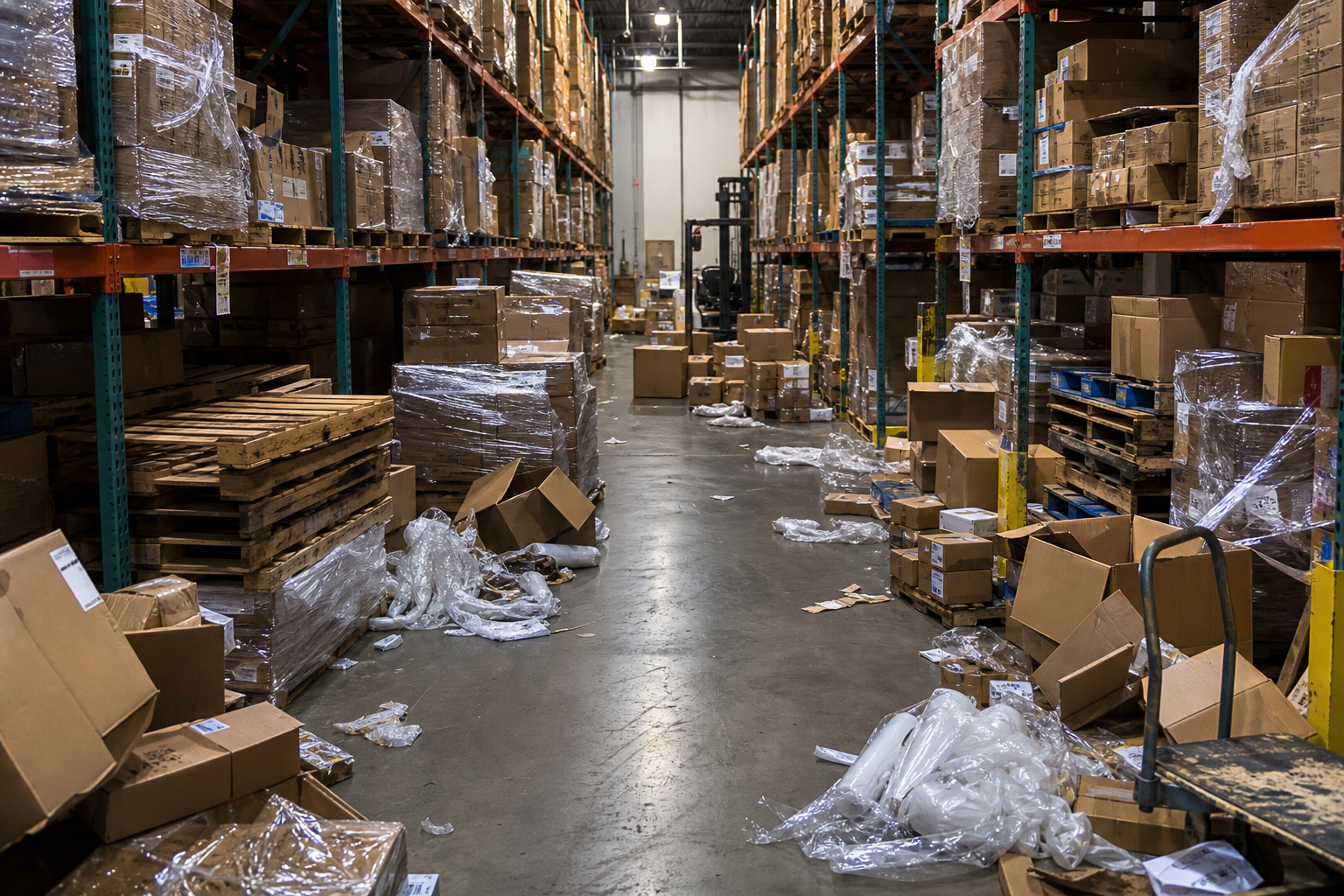 Cluttered warehouse aisle with blocked paths and misplaced cartons