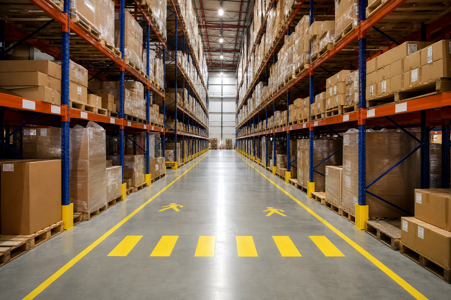 Organized warehouse aisle with clear floor markings and pedestrian lanes