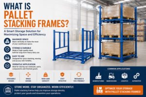 Pallet stacking frames holding palletized cartons vertically in a warehouse