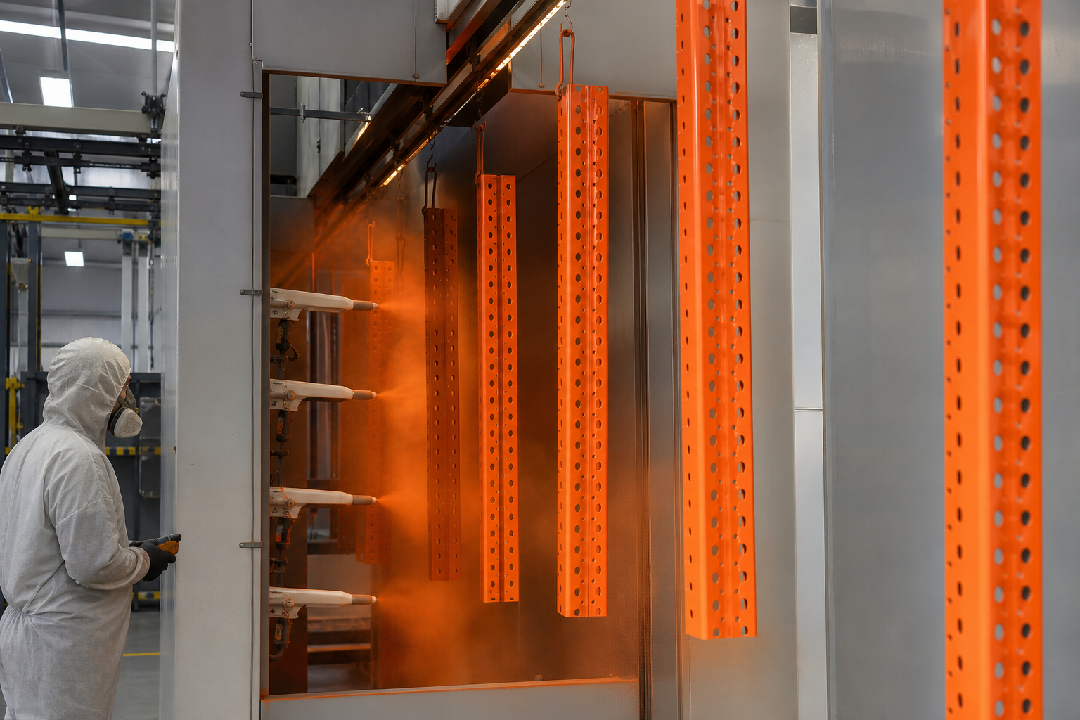 Powder coating line applying an orange finish to pallet rack uprights
