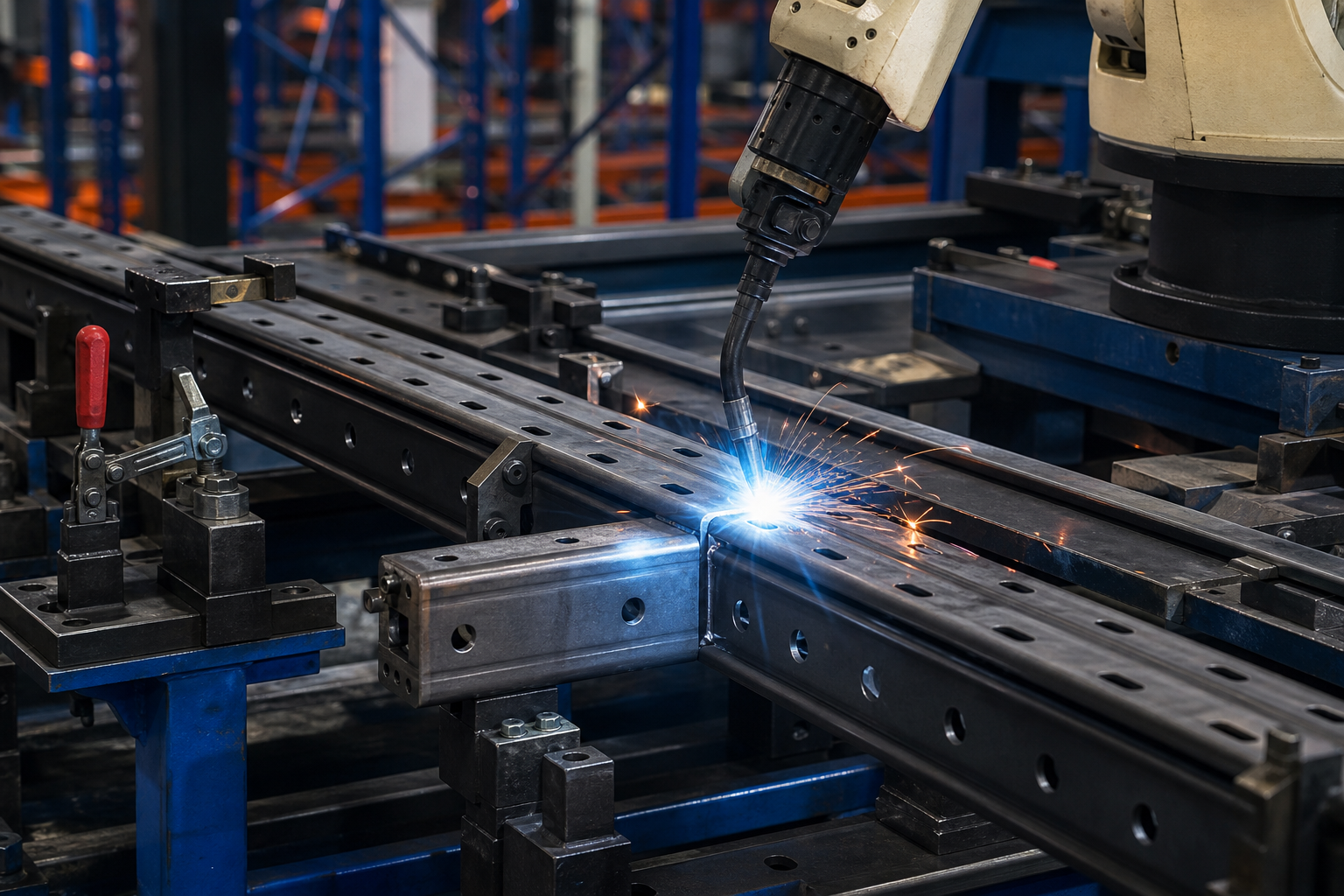 Robotic welding of steel pallet rack components in a manufacturing fixture