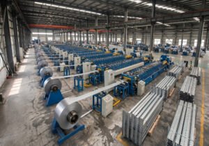 Roll-forming steel pallet rack uprights on a production line