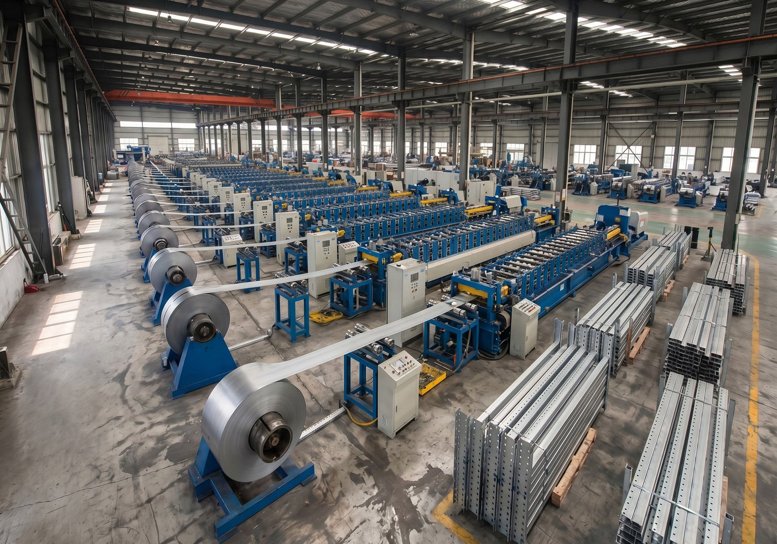 Roll-forming steel pallet rack uprights on a production line