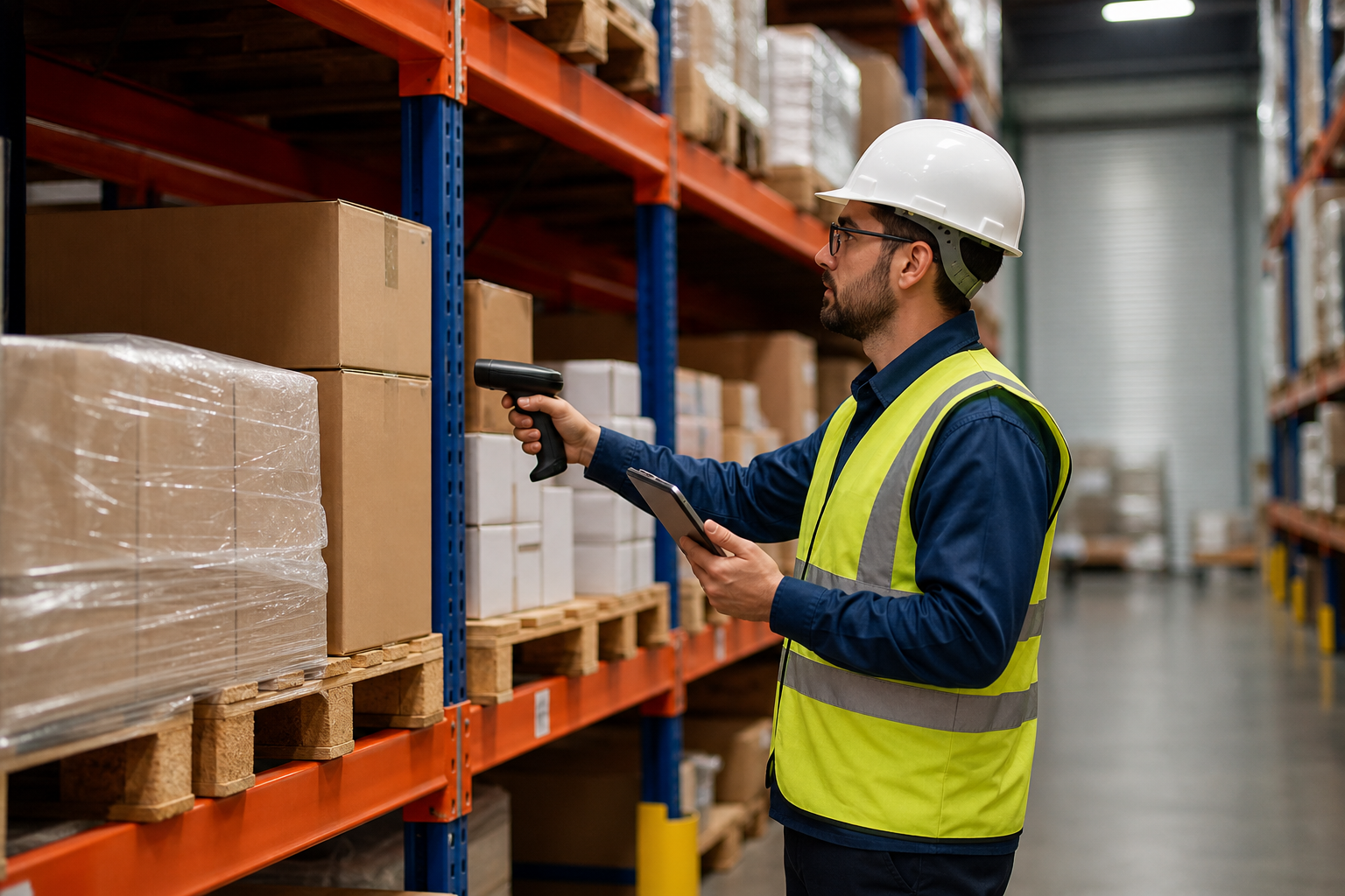Warehouse worker performing a barcode inventory check