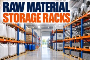 Raw material storage racks supporting production materials in a factory warehouse